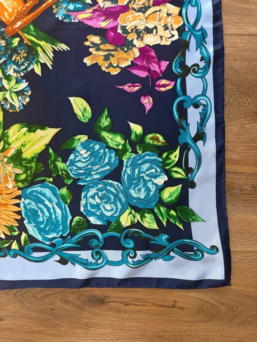 Floral Garden Silk-Feel Square Scarf in Navy & Orange